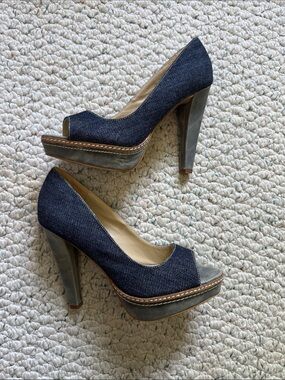 Paco Gil Denim Peep-Toe Platform Heels